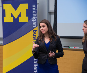 Close-up of well-dressed Ross Business School student presenting for the Michigan Business Challenge